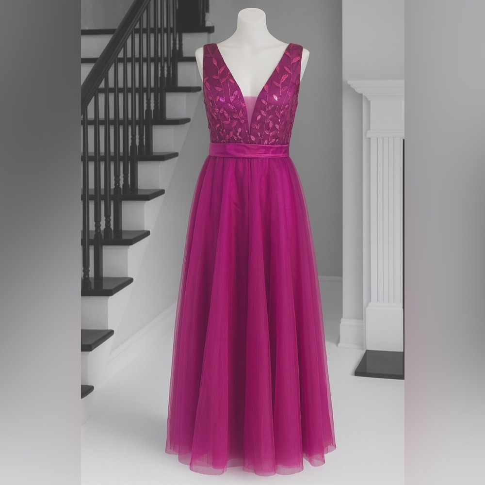 NWT Fuchsia Women’s Formal Evening Gown | Elegant Sequin Satin Dress Size XL